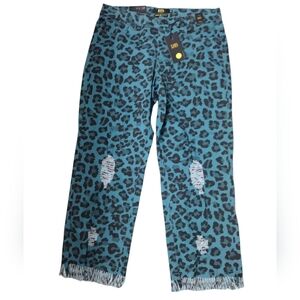 L & B Mid-Rise Women's Teal Black Frayed Pants NWT Stretch Size 16